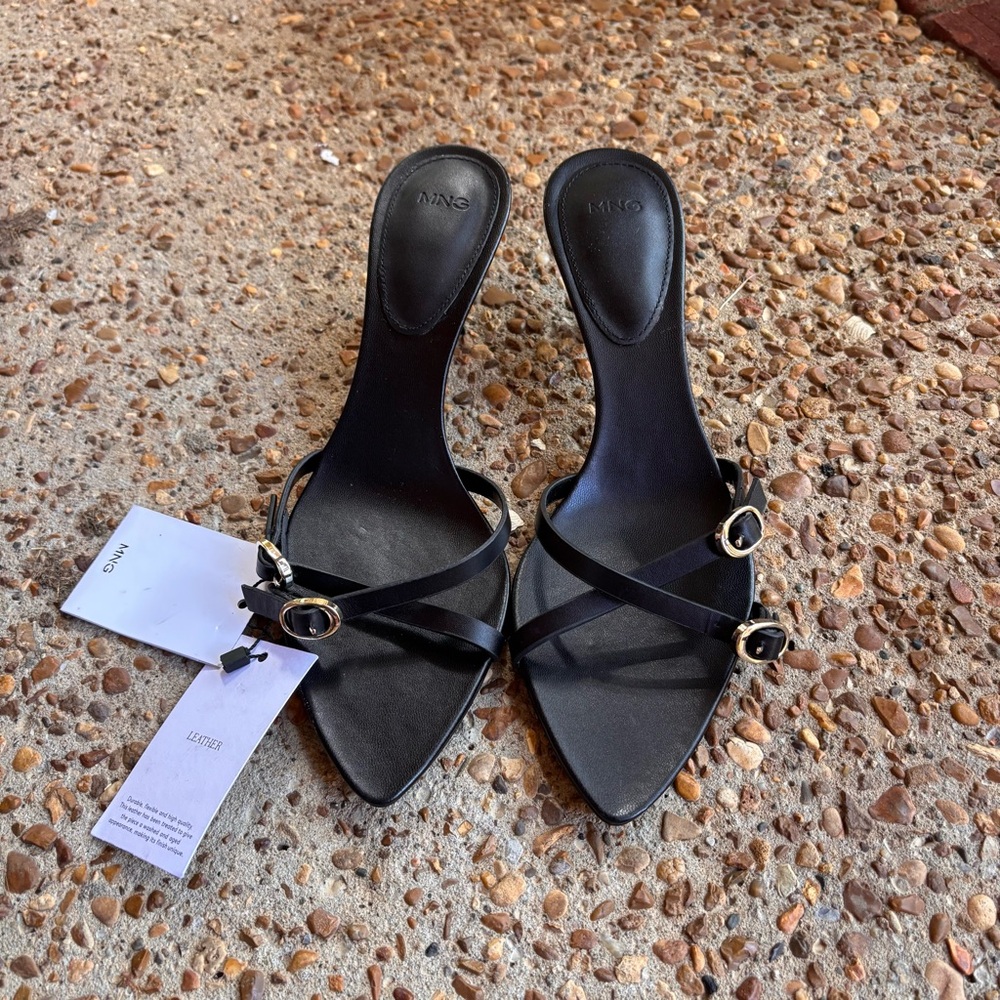Mango Black Buckle Strap Leather Kitten-Heel Sandals – Sling back - size 8.5